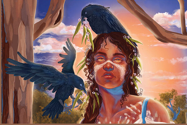 Painting of an aboriginal woman with traditional body paint, and  black crows holding leaves