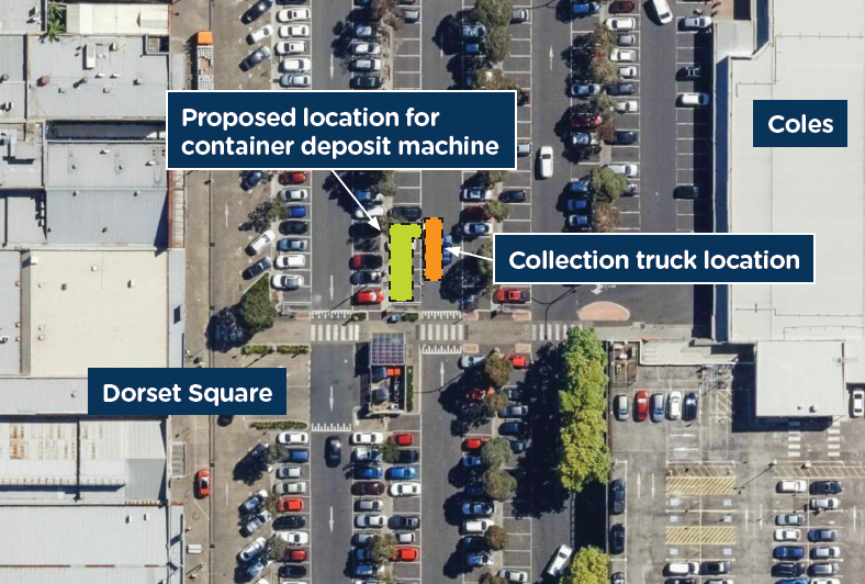 Map of proposed location for container deposit machine in Dorset Square carpark, Boronia. 