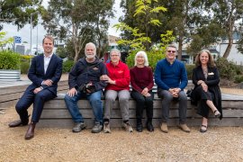 Boronia MP Jackson Taylor (left) and Knox Mayor Susan Laukens (right) with several grant recipients. Photo: Office for Suburban Development