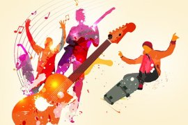 illustration of people skateboarding, playing music and dancing, with a guitar