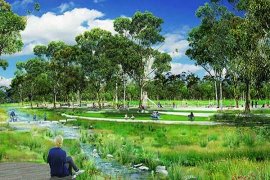 An artist image of Lewis Park, showing Blind Creek and parkland.