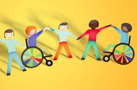 Cartoon of five diverse people holding hands, two are wheelchair users.
