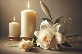 2 pillar candles in the background and a white lily and white rose in the foreground