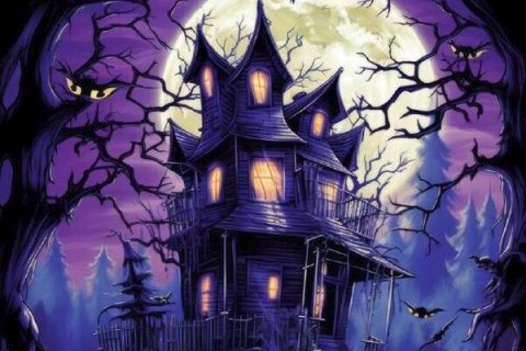 Illustration of an old house with bats and a witch