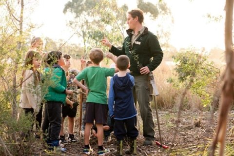 Photograph of Biodiversity officer and children planting trees outside