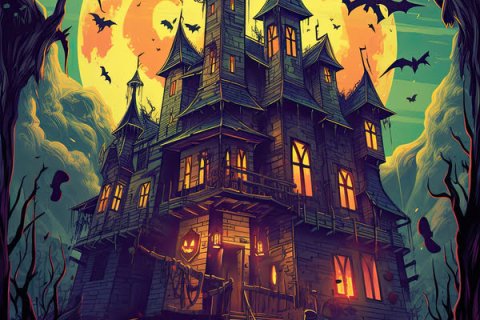 Illustration of a haunted house with bats flying and a full moon