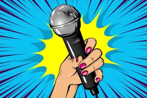 Graphic of hand holding microphone in front of blue and yellow background